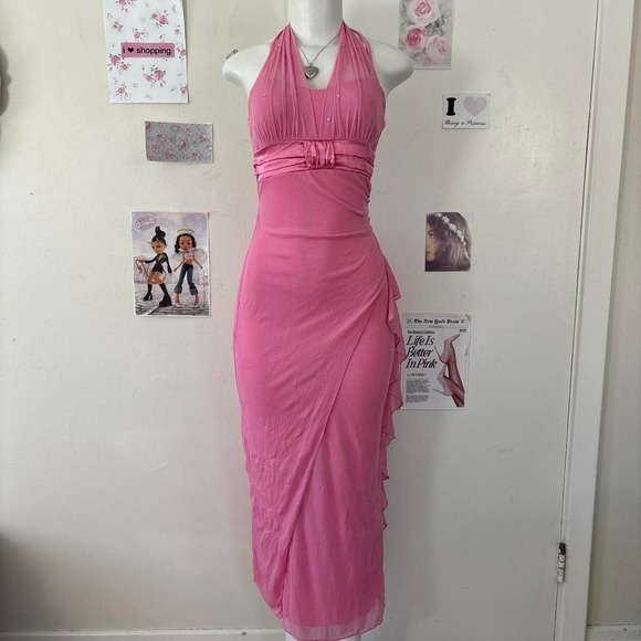 Deb Y2K Pink Rhinestone Halter Mesh Maxi Dress — Fairycore / Prom / Princess - Picture 7 of 8